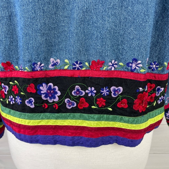 Tantrum Blues Blue Denim Jacket Women's Embroidered Flowers Ribbon Trim - Picture 5 of 7